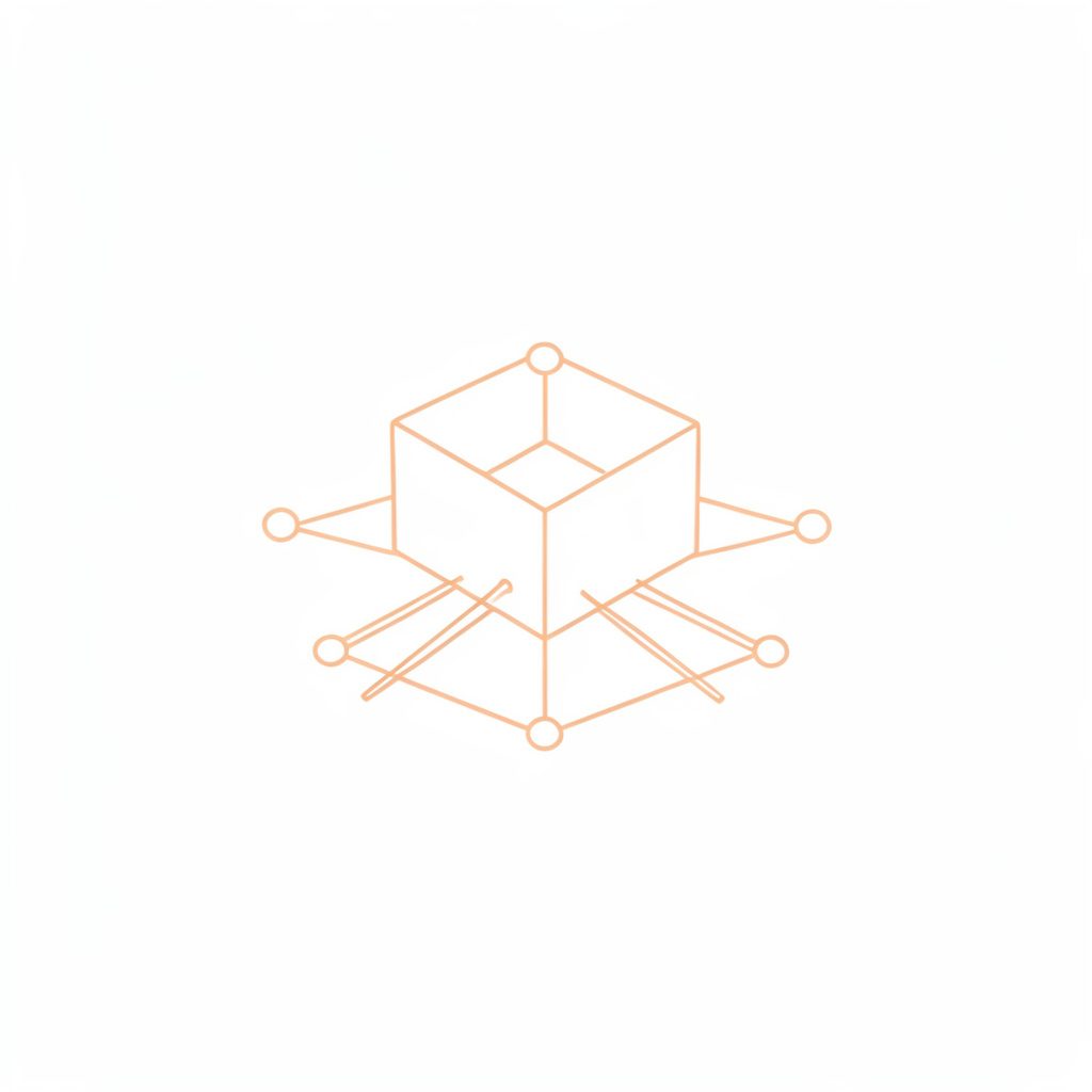 Minimal line illustration of connected blockchain nodes forming a network in slate blue and gold on warm beige